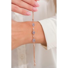 TMT Silver Gümüş Rose Kaplama Turkuaz Nazar Boncuklu Zirkon Taşlı Bileklik