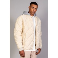 Ekru Çıkarılabilir Kapüşon Oversıze Fit /krinkıl Kumaş Içi Kapitone  Erkek Ceket (Ilkbahar-Sonbahar-Kış)