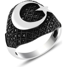 Takılingo 925 Ayar Gümüş Mikro Taş Süslemeli Ayyıldız Motifli Erkek Yüzük