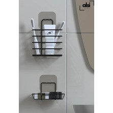 Alsi Home Paslanmaz Yapışkanlı Siyah Metal Banyo Rafı Düzenleyici 4'lü Set Duş Rafı Şampuanlık Sabunluk Diş Fırçalık Rafı