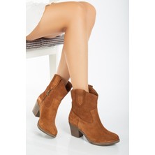 Analin Shoes Kadın Deri Yumuşak Süet Western Kovboy Bot - Taba Süet
