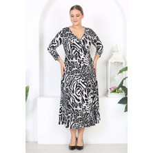 Mooi XXL Kadın Gri Siyah Leopar Desen Uzun Kol Kruvaze Yaka Büyük Beden Maxi Elbise