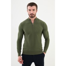 Dokulu Haki Slim Fit Fermuarlı Yarım Balıkçı Yaka Erkek Triko Kazak