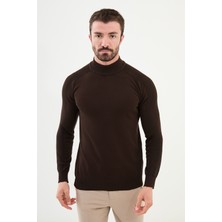 MCR Düz Kahverengi Slim Fit Yarım Balıkçı Yaka Erkek Triko Kazak