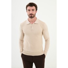 MCR Desenli Bej Slim Fit Polo Yaka Erkek Triko Kazak