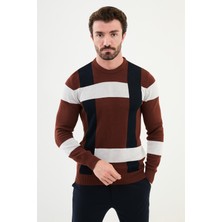Desenli Kiremit Rengi Slim Fit Bisiklet Yaka Erkek Triko Kazak