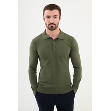 Desenli Haki Slim Fit Polo Yaka Erkek Triko Kazak