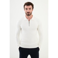 Desenli Ekru Slim Fit Fermuarlı Polo Yaka Erkek Triko Kazak
