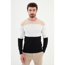 Parçalı Lacivert Slim Fit Bisiklet Yaka Erkek Triko Kazak