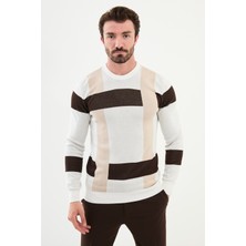 Desenli Ekru Slim Fit Bisiklet Yaka Erkek Triko Kazak