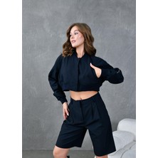 Minaaise Kadın Lacivert Poliviskon Ribanalı Bomber Kısa Ceket 28008