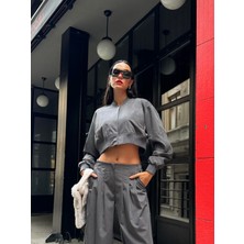 Minaaise Kadın Antrasit Poliviskon Ribanalı Bomber Kısa Ceket 28008