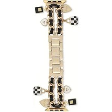 Alstrap Apple Watch 7-8-9-10-Se Ultra Uyumlu 44 45 46 49MM Uyumlu Charmlı Deri Detaylı Tasarım Çelik Kordon