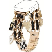 Alstrap Apple Watch 7-8-9-10-Se Ultra Uyumlu 44 45 46 49MM Uyumlu Charmlı Deri Detaylı Tasarım Çelik Kordon