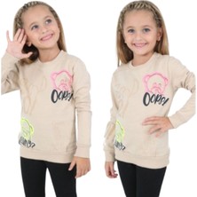 Kız Çocuk Ayıcık ve Yazı Desenli Bej Renk Şardonlu Sweatshirt