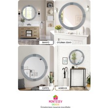 Montesev Safir Gümüş Dekoratif Yuvarlak Ayna İşlemeli Ahşap Duvar Aynası Banyo Aynası Tekli