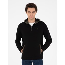 Cacharel Erkek Siyah Regular Fit Pamuk Karışımlı Yarım Fermuarlı Kapüşonlu Sweatshirt 50292530-VR046