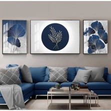 Harikabirev |lacivert-Gri Kombini Sonsuzluk Çiçeği Soyut|çerçeveli Temperli Cam Tablo 3lü Yatay