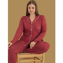Bie's Kadın Büyük Beden Viskon Önden Düğmeli Gömlek Yaka Göğüs Cepli Uzun Kol Mevsimlik Pijama Takımı