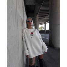 Merry Life Oversize Üç Iplik Bisiklet Yaka Baskılı Sweatshirt - Beyaz