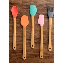 Mis Kitchen 5 Parça Silikon Mini Spatula 21 cm Seti Bambu Saplı Isıya Dayanıklı Pişirme Gereçleri