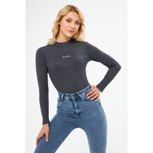Actiwear Baskılı Fitilli Kaşkorse Yarım Balıkçı Boğazlı Body Bluz