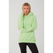 Kadın Açık Yeşil %100 Pamuk Kordonlu Kanguru Cep Şardonlu Kapüşonlu Kordonlu Regular Fit Sweatshirt