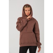 Kadın Vizon %100 Pamuk Kordonlu Kanguru Cep Şardonlu Kapüşonlu Kordonlu Regular Fit Sweatshirt