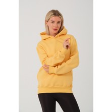 Devo Store Kadın Sarı %100 Pamuk Kordonlu Kanguru Cep Şardonlu Kapüşonlu Kordonlu Regular Fit Sweatshirt