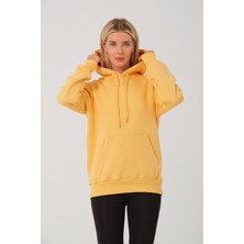 Devo Store Kadın Sarı %100 Pamuk Kordonlu Kanguru Cep Şardonlu Kapüşonlu Kordonlu Regular Fit Sweatshirt