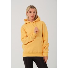 Devo Store Kadın Sarı %100 Pamuk Kordonlu Kanguru Cep Şardonlu Kapüşonlu Kordonlu Regular Fit Sweatshirt