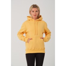 Devo Store Kadın Sarı %100 Pamuk Kordonlu Kanguru Cep Şardonlu Kapüşonlu Kordonlu Regular Fit Sweatshirt