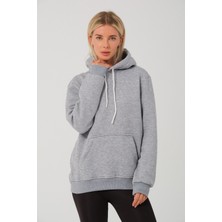 Devo Store Kadın Gri Melanj %100 Pamuk Kordonlu Kanguru Cep Şardonlu Kapüşonlu Kordonlu Regular Fit Sweatshirt