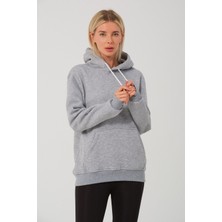 Devo Store Kadın Gri Melanj %100 Pamuk Kordonlu Kanguru Cep Şardonlu Kapüşonlu Kordonlu Regular Fit Sweatshirt