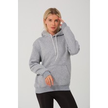 Devo Store Kadın Gri Melanj %100 Pamuk Kordonlu Kanguru Cep Şardonlu Kapüşonlu Kordonlu Regular Fit Sweatshirt