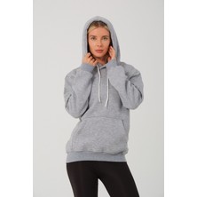 Devo Store Kadın Gri Melanj %100 Pamuk Kordonlu Kanguru Cep Şardonlu Kapüşonlu Kordonlu Regular Fit Sweatshirt