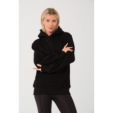 Kadın Siyah %100 Pamuk Kordonlu Kanguru Cep Şardonlu Kapüşonlu Kordonlu Regular Fit Sweatshirt