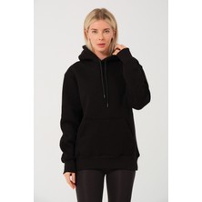 Kadın Siyah %100 Pamuk Kordonlu Kanguru Cep Şardonlu Kapüşonlu Kordonlu Regular Fit Sweatshirt