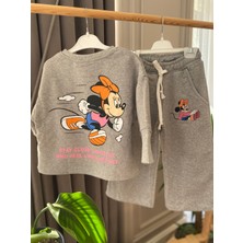 Babyaden Minnie Nakışlı Yandan Cepli Sırt Baskı Oversıze Sweat Ispanyol Paça Kız Çocuk Okul Eşofman