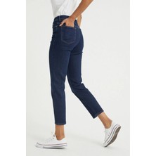 Koyu Mavi Mom Jeans Yumuşak Likralı Yüksek Bel Kot Pantolon Ekstra Rahat Kumaş