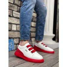 BA0329 3 Bant Beyaz Kırmızı Detaylı Kalın Taban Casual Erkek Ayakkabı