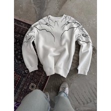 Tarz Yeri Yıldırım Baskılı Bisiklet Yaka Sweatshirt - Beyaz