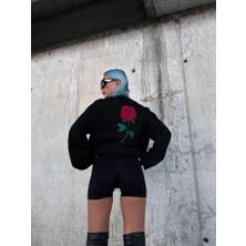 Ela Mod Oversize Üç Iplik Bisiklet Yaka Baskılı Sweatshirt - Siyah
