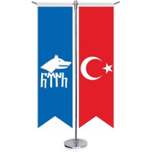 Göktürk Türk Kağanlığı Göktürkçe Bayrağı ve Türkiye -Kırlangıç - Saten T direk 2li Masa Bayrağı