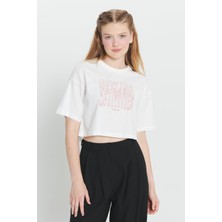 Altınyıldız Classics Oversize Fit Bol Kesim %100 Pamuk Bisiklet Yaka Baskılı Crop Tişört