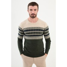 Desenli Haki Slim Fit Bisiklet Yaka Erkek Triko Kazak