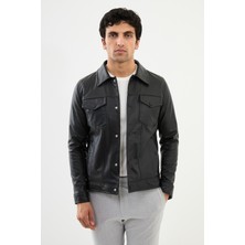 Desenli Siyah Slim Fit Gömlek Yaka Suni Deri Erkek Mont