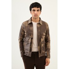 Desenli Taba Slim Fit Torba Cep Gömlek Yaka Suni Deri Erkek Mont