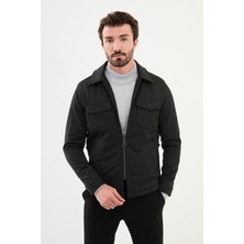 Çizgili Siyah Slim Fit Gömlek Yaka Yün Erkek Mont