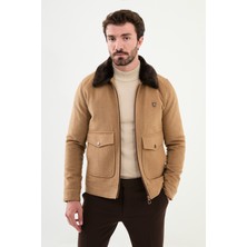 Desenli Kamel Slim Fit Torba Cep Kürklü Yaka Yün Erkek Mont